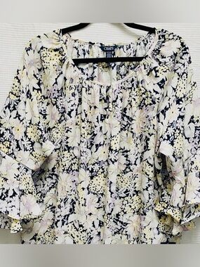 Chaps Floral Peasant Blouse in Cream, Navy & Pale Pink